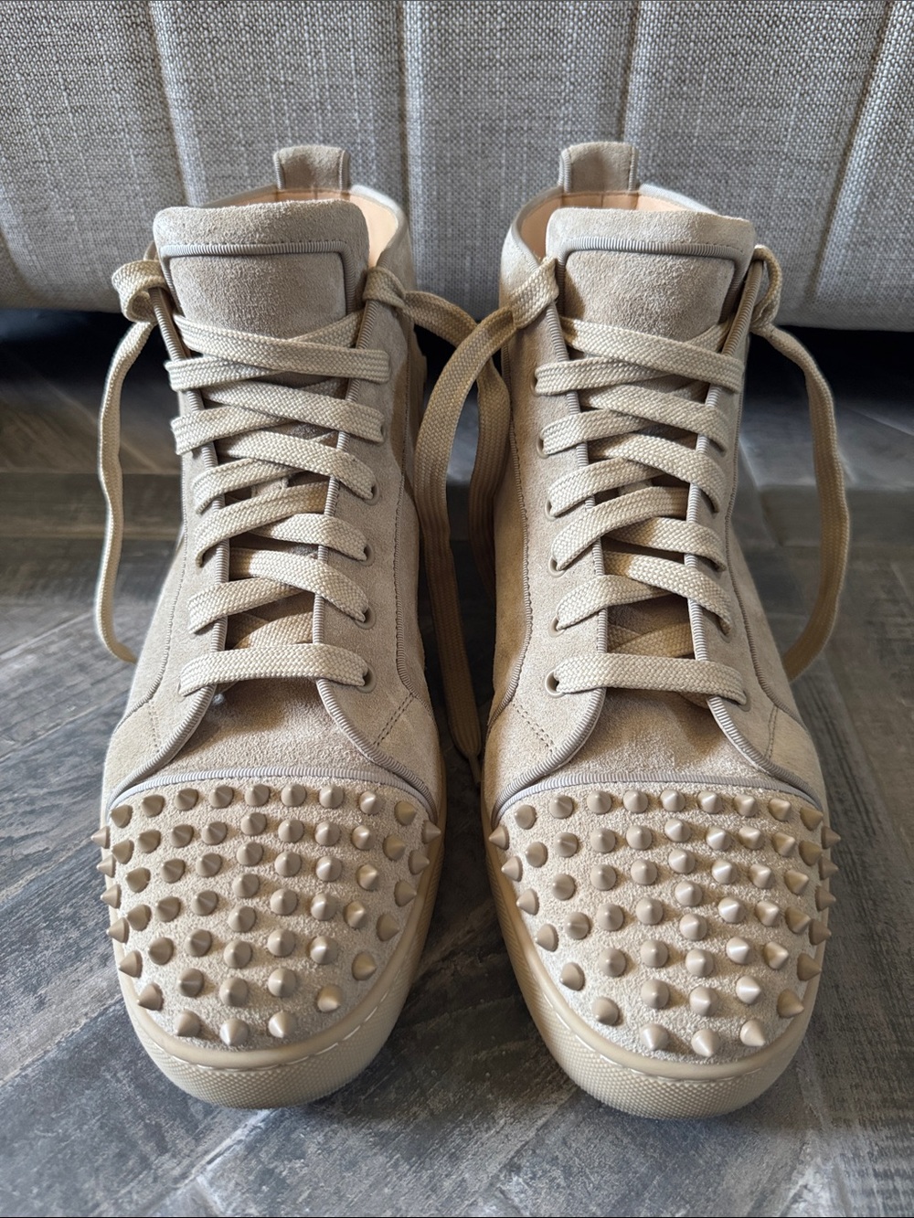 Christian Louboutin Lou Spikes Orlato High Top Sneakers Beige Suede Men’s 44